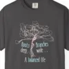 Close-up of the A Balanced Life print on a Graphite Comfort Colors 1717 tee