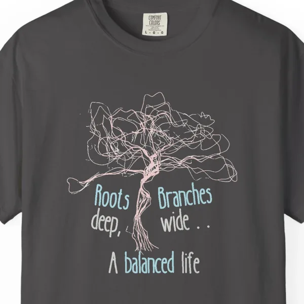 Close-up of the A Balanced Life print on a Graphite Comfort Colors 1717 tee