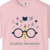 Close-up of the Academic Adventures print on a Blossom Comfort Colors 1717 tee