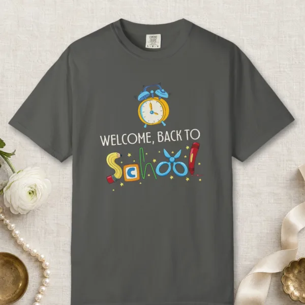 Alarm Clock Welcome design on a Pepper Comfort Colors 1717 tee, laid flat