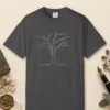 Arching Branches design on a Graphite Comfort Colors 1717 tee, laid flat