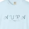 Close-up of the Aura Swash print on a Chambray Comfort Colors 1717 tee