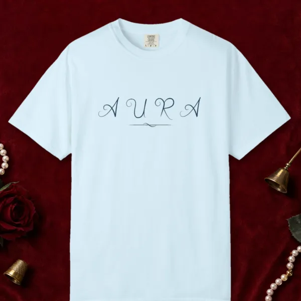 Aura Swash design on a Chambray Comfort Colors 1717 tee, laid flat