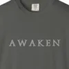awaken-engraved-capitals-tee-pepper-chest Close-up of the Awaken Engraved Capitals print on a Pepper Comfort Colors 1717 tee
