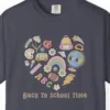 Close-up of the Back to School Time print on a Navy Comfort Colors 1717 tee
