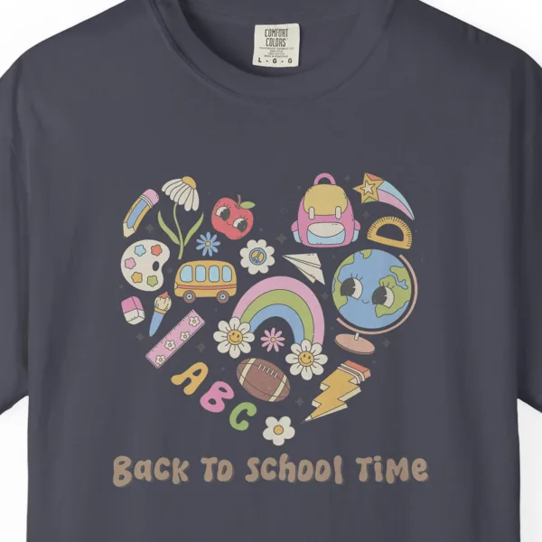 Close-up of the Back to School Time print on a Navy Comfort Colors 1717 tee