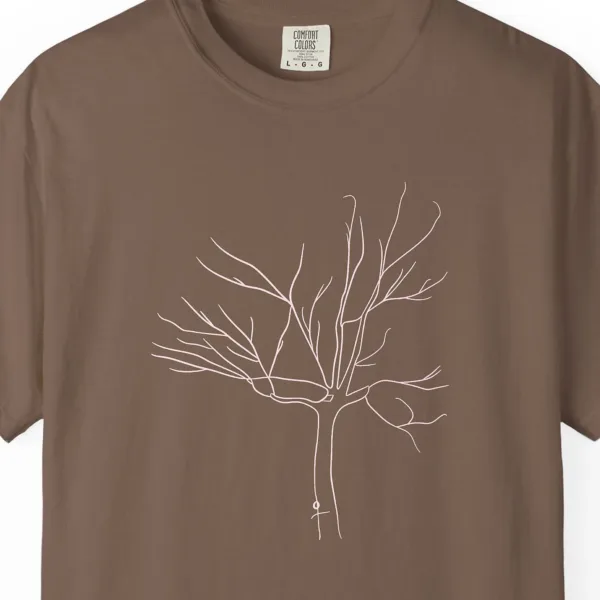 Close-up of the Bare Winter Tree print on a Espresso Comfort Colors 1717 tee