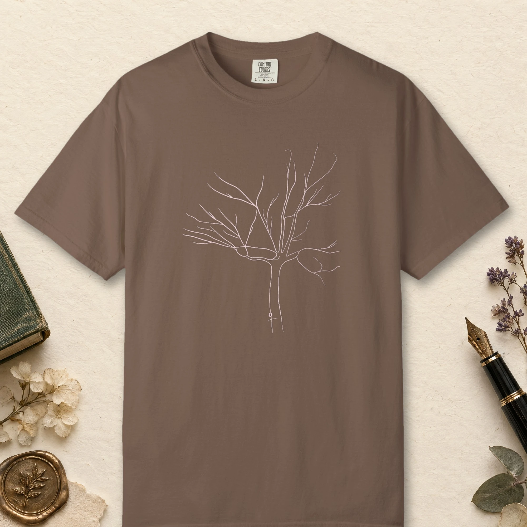 Bare Winter Tree design on a Espresso Comfort Colors 1717 tee, laid flat