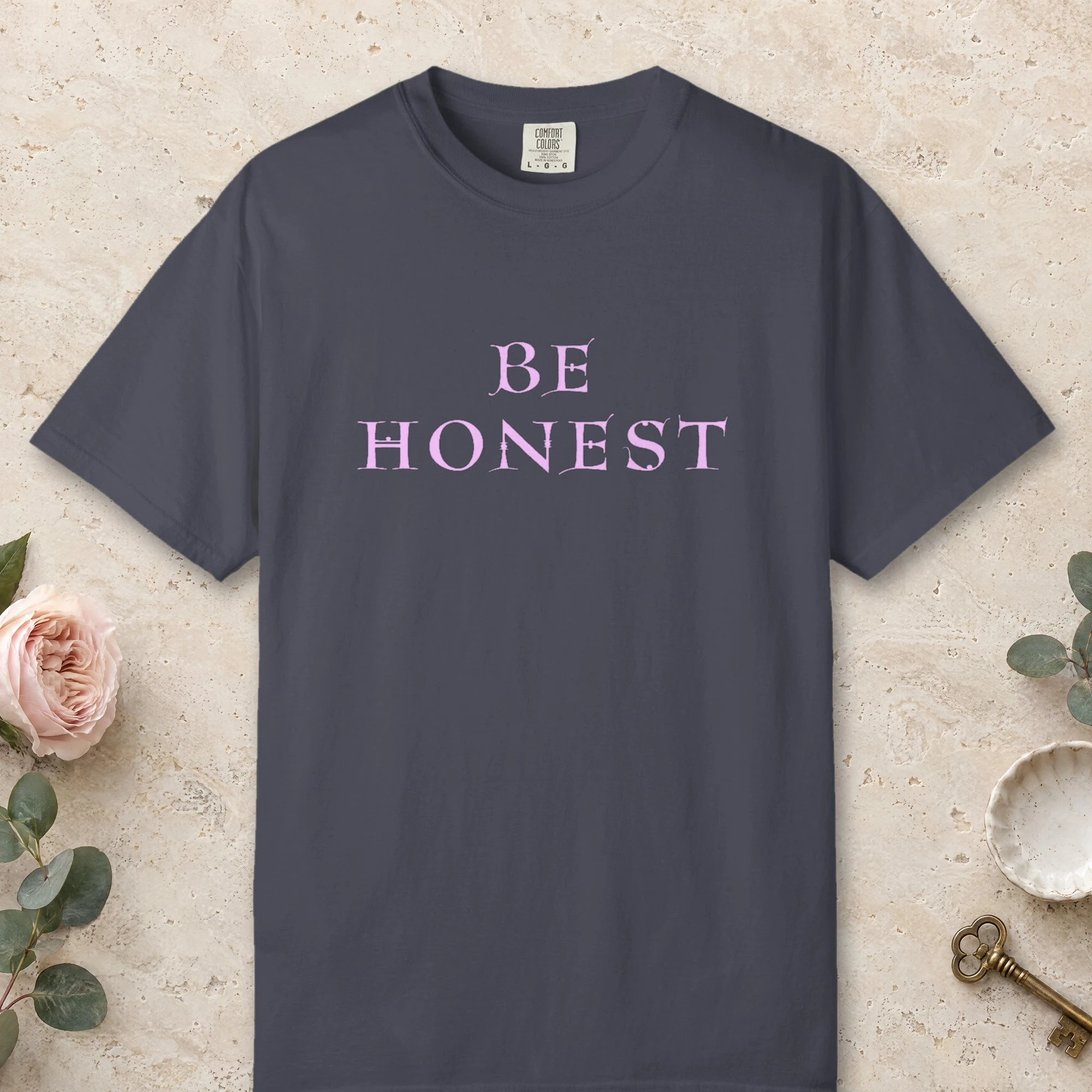 Be Honest design on a Navy Comfort Colors 1717 tee, laid flat