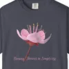 Close-up of the Beauty Thrives in Simplicity print on a Navy Comfort Colors 1717 tee