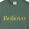 believe-tee-blue-spruce-chest Close-up of the Believe print on a Blue Spruce Comfort Colors 1717 tee