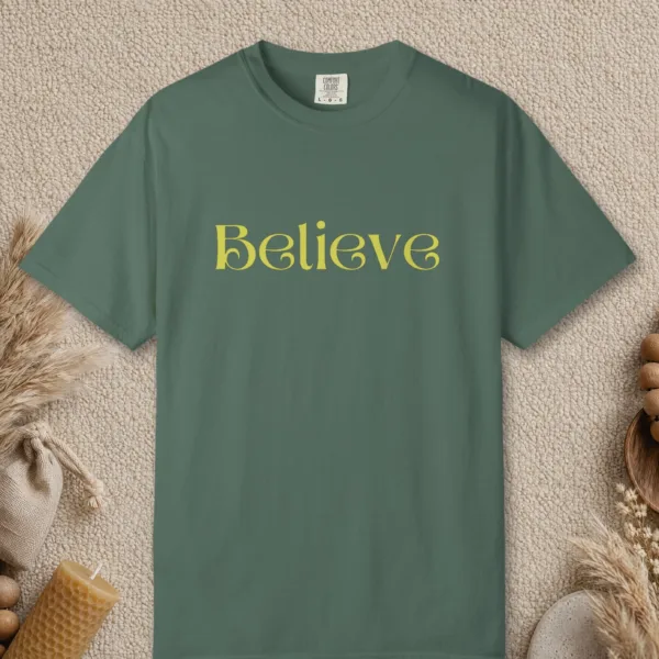 believe-tee-blue-spruce-front Believe design on a Blue Spruce Comfort Colors 1717 tee, laid flat