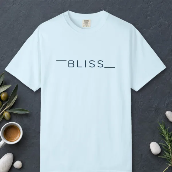 Bliss Between Lines design on a Chambray Comfort Colors 1717 tee, laid flat