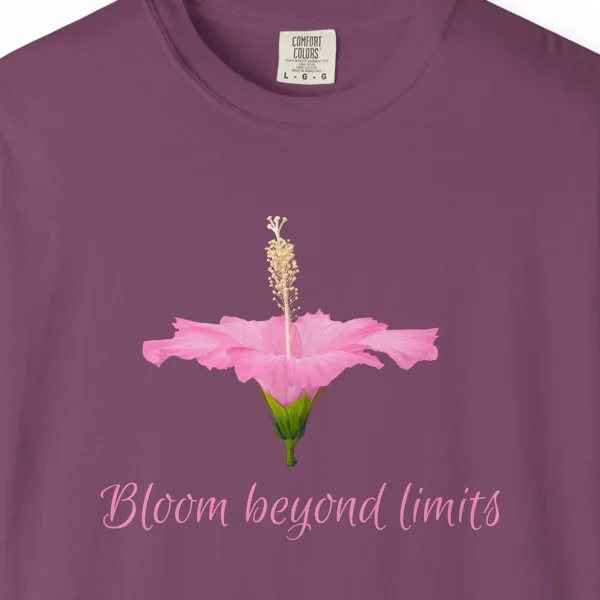 bloom-beyond-limits-tee-berry-chest Close-up of the Bloom Beyond Limits print on a Berry Comfort Colors 1717 tee