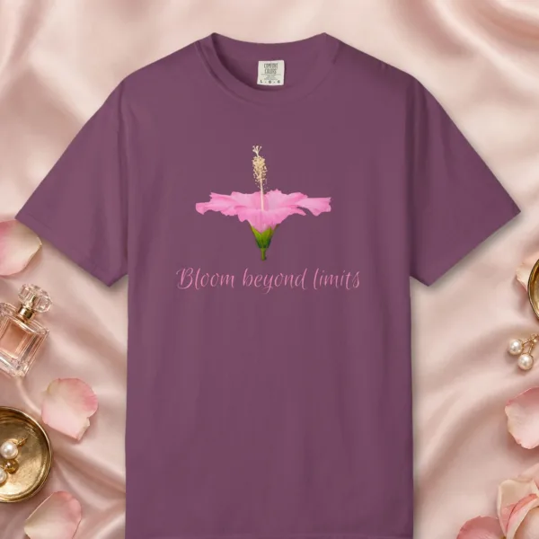 bloom-beyond-limits-tee-berry-front Bloom Beyond Limits design on a Berry Comfort Colors 1717 tee, laid flat