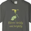 bloom-boldly-tee-pepper-chest Close-up of the Bloom Boldly print on a Pepper Comfort Colors 1717 tee