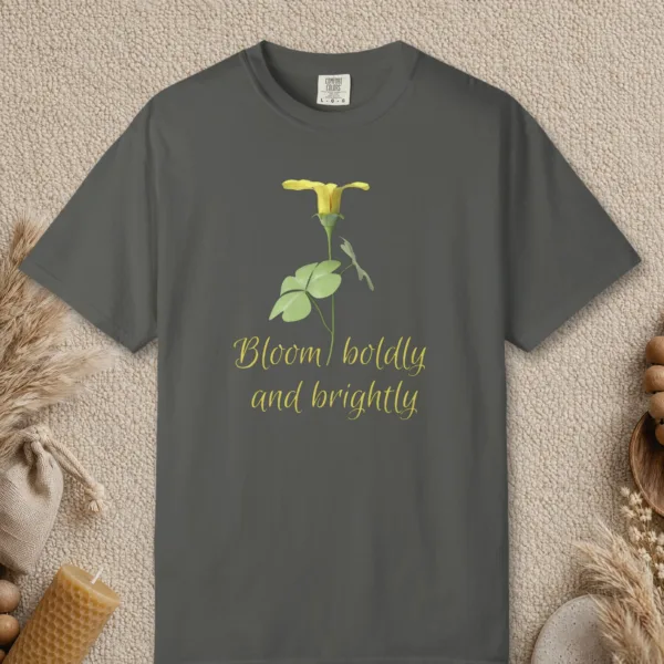 bloom-boldly-tee-pepper-front Bloom Boldly design on a Pepper Comfort Colors 1717 tee, laid flat