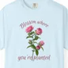 blossom-where-planted-tee-chambray-chest Close-up of the Blossom Where Planted print on a Chambray Comfort Colors 1717 tee