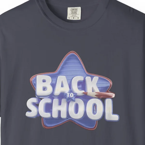 Close-up of the Blue Star School print on a Navy Comfort Colors 1717 tee