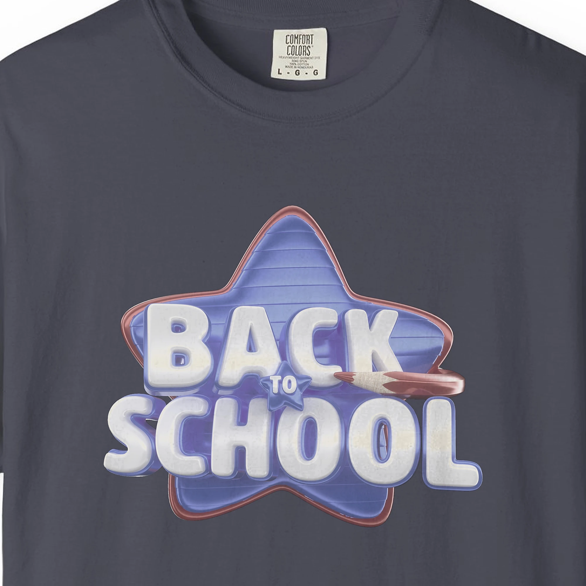 Close-up of the Blue Star School print on a Navy Comfort Colors 1717 tee