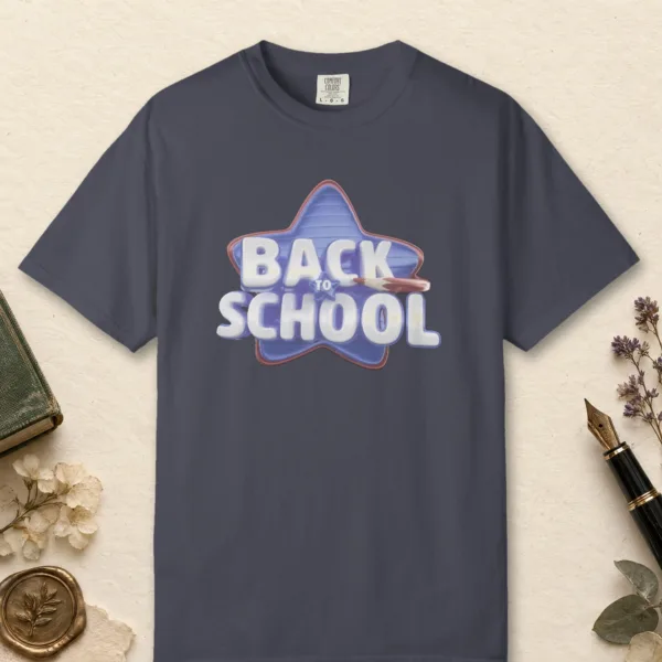 Blue Star School design on a Navy Comfort Colors 1717 tee, laid flat