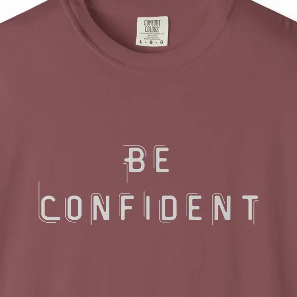 calm-confidence-tee-brick-chest Close-up of the Calm Confidence print on a Brick Comfort Colors 1717 tee