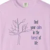 Close-up of the Calm in the Forest print on a Orchid Comfort Colors 1717 tee