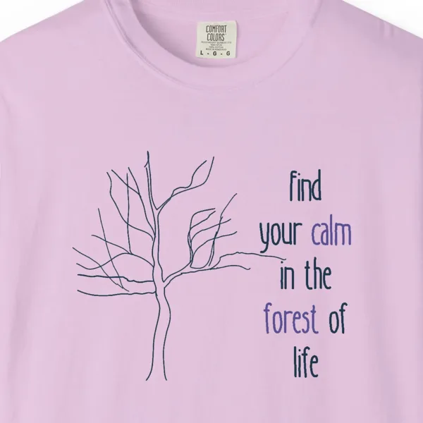 Close-up of the Calm in the Forest print on a Orchid Comfort Colors 1717 tee