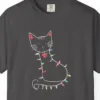 cat-in-holiday-lights-tee-graphite-chest Close-up of the Cat in Holiday Lights print on a Graphite Comfort Colors 1717 tee