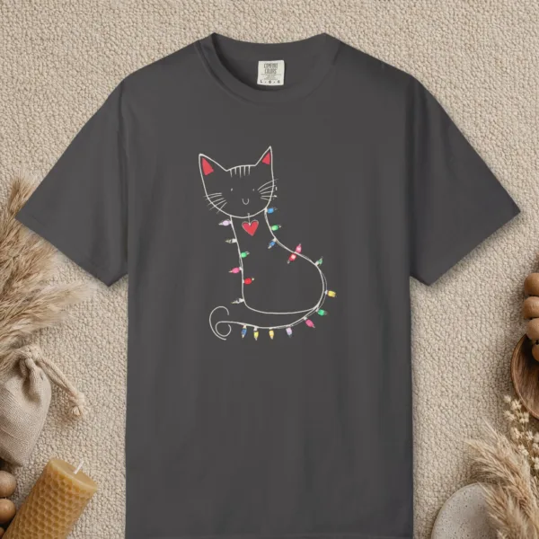 cat-in-holiday-lights-tee-graphite-front Cat in Holiday Lights design on a Graphite Comfort Colors 1717 tee, laid flat