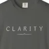 Close-up of the Clarity Crest print on a Pepper Comfort Colors 1717 tee