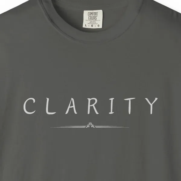 Close-up of the Clarity Crest print on a Pepper Comfort Colors 1717 tee
