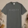 Clarity Crest design on a Pepper Comfort Colors 1717 tee, laid flat