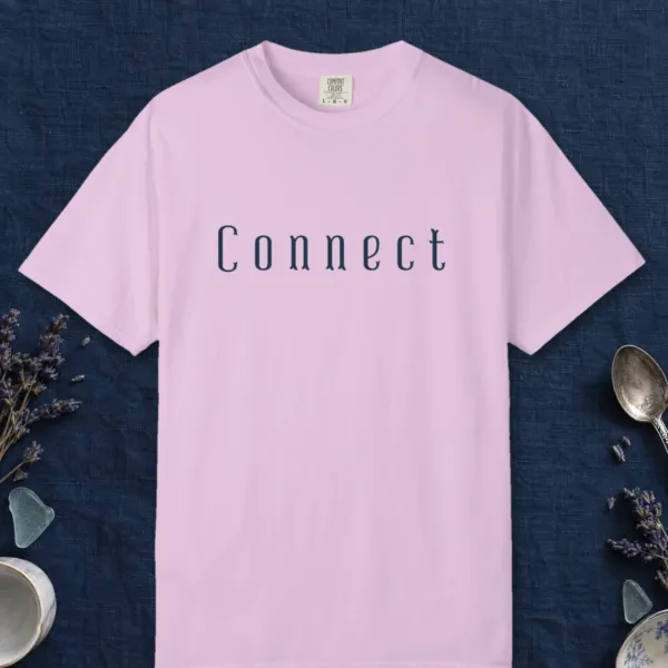 connect-vintage-letter-tee-orchid-front Connect Vintage Letter design on a Orchid Comfort Colors 1717 tee, laid flat