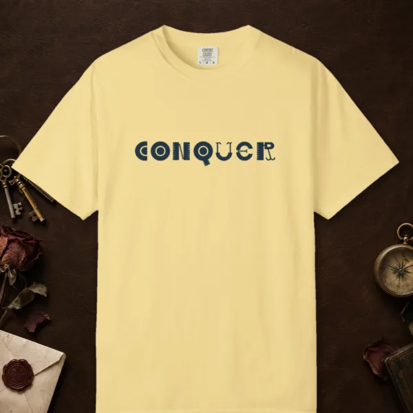 Conquer design on a Butter Comfort Colors 1717 tee, laid flat