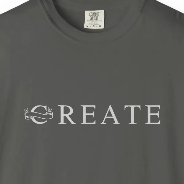 create-tee-pepper-chest Close-up of the Create print on a Pepper Comfort Colors 1717 tee