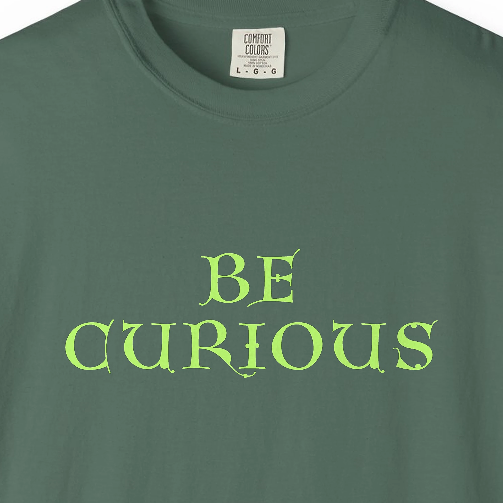 Close-up of the Curious Mind print on a Blue Spruce Comfort Colors 1717 tee