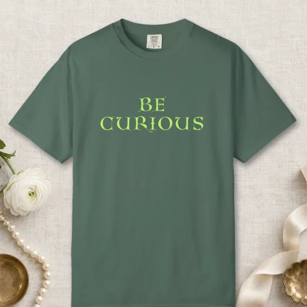 Curious Mind design on a Blue Spruce Comfort Colors 1717 tee, laid flat