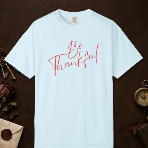 daily-gratitude-tee-chambray-front Daily Gratitude design on a Chambray Comfort Colors 1717 tee, laid flat