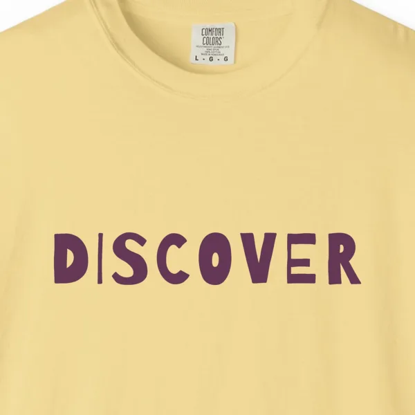 discover-tee-butter-chest Close-up of the Discover print on a Butter Comfort Colors 1717 tee