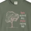 Close-up of the Dreams Reaching High print on a Moss Comfort Colors 1717 tee