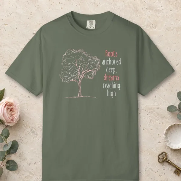 dreams-reaching-high-tee-moss-front Dreams Reaching High design on a Moss Comfort Colors 1717 tee, laid flat