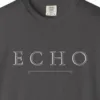 Close-up of the Echo Arrow Line print on a Graphite Comfort Colors 1717 tee