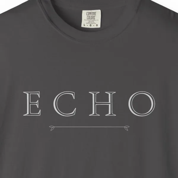 Close-up of the Echo Arrow Line print on a Graphite Comfort Colors 1717 tee