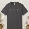 Echo Arrow Line design on a Graphite Comfort Colors 1717 tee, laid flat