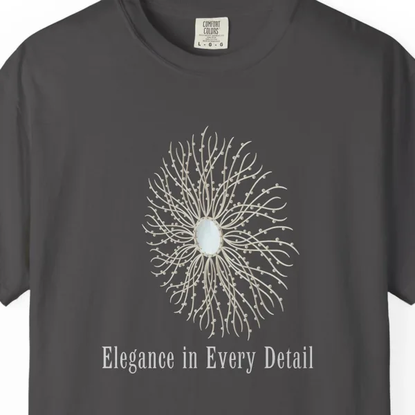 Close-up of the Elegance in Every Detail print on a Graphite Comfort Colors 1717 tee