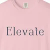 Close-up of the Elevate Serif print on a Blossom Comfort Colors 1717 tee