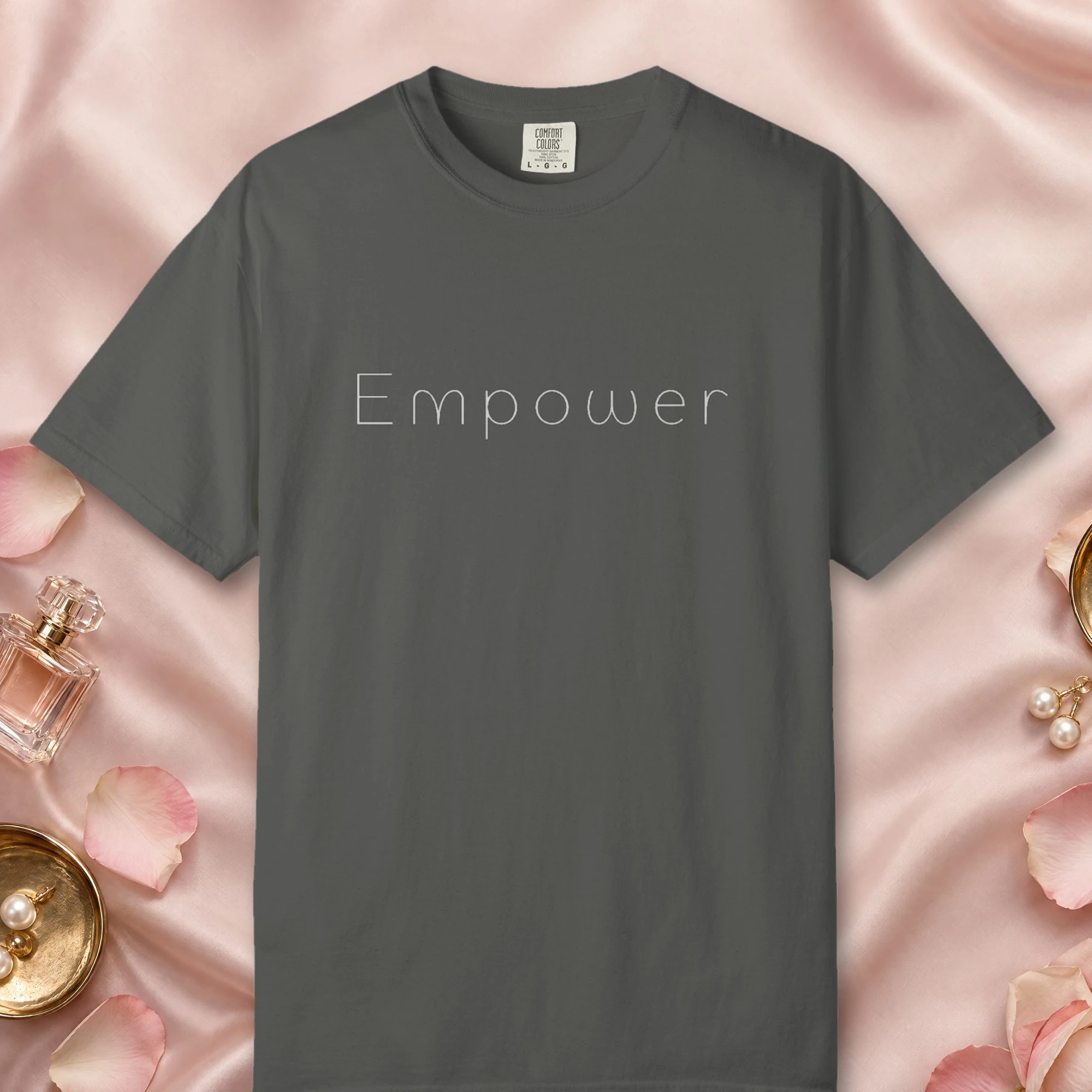 Empower Light Line design on a Pepper Comfort Colors 1717 tee, laid flat
