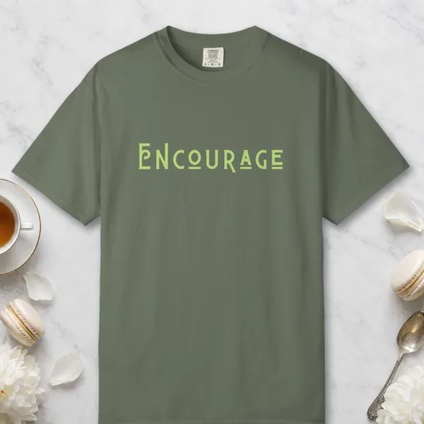 encourage-tee-moss-front Encourage design on a Moss Comfort Colors 1717 tee, laid flat