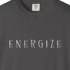 energize-flared-capitals-tee-graphite-chest Close-up of the Energize Flared Capitals print on a Graphite Comfort Colors 1717 tee